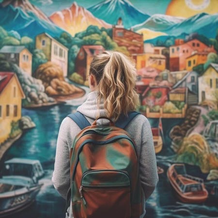 a girl looking at a mural downtown